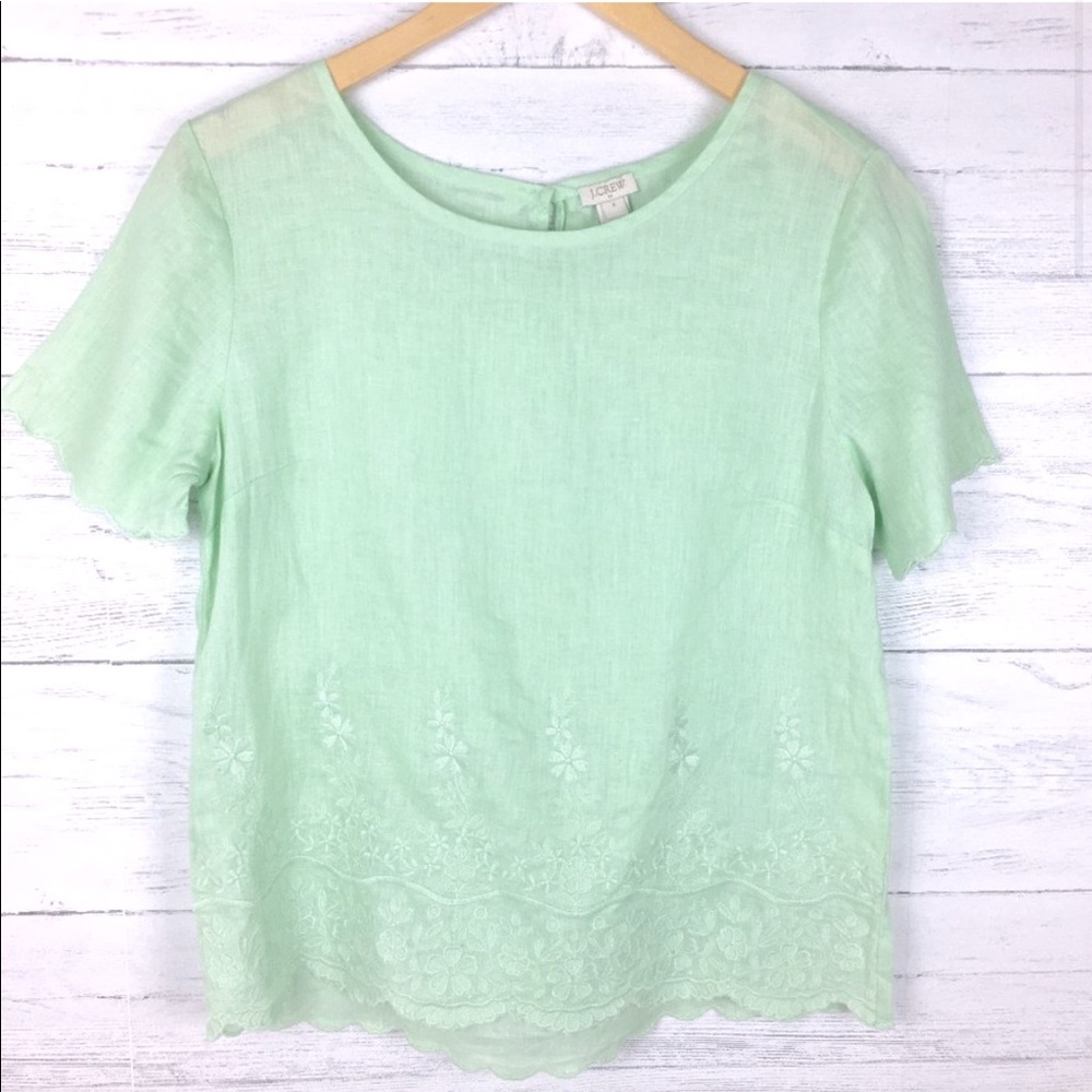 J. Crew Mint Green Linen Top with Embroidered Hem